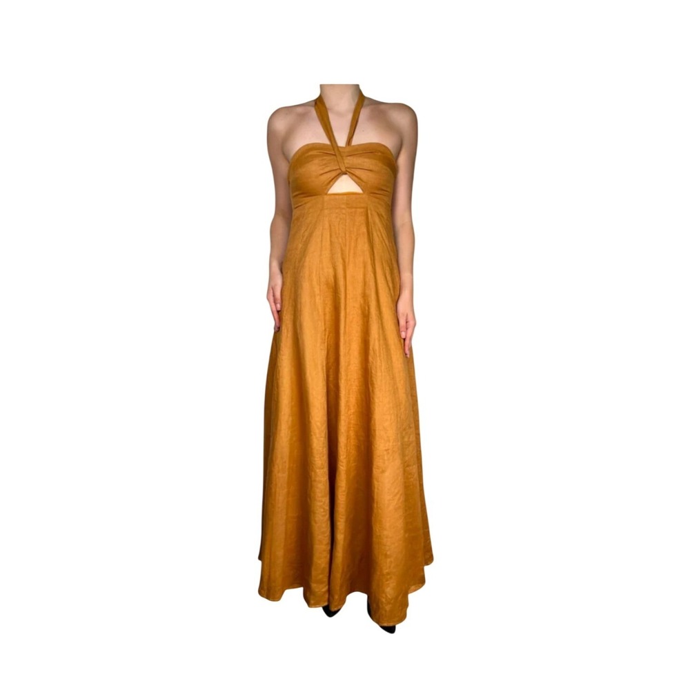 DISSH Linen Maxi Dress Women 12 Ochre Excellent Halter Cutout Smocked Back - Picture 2 of 8